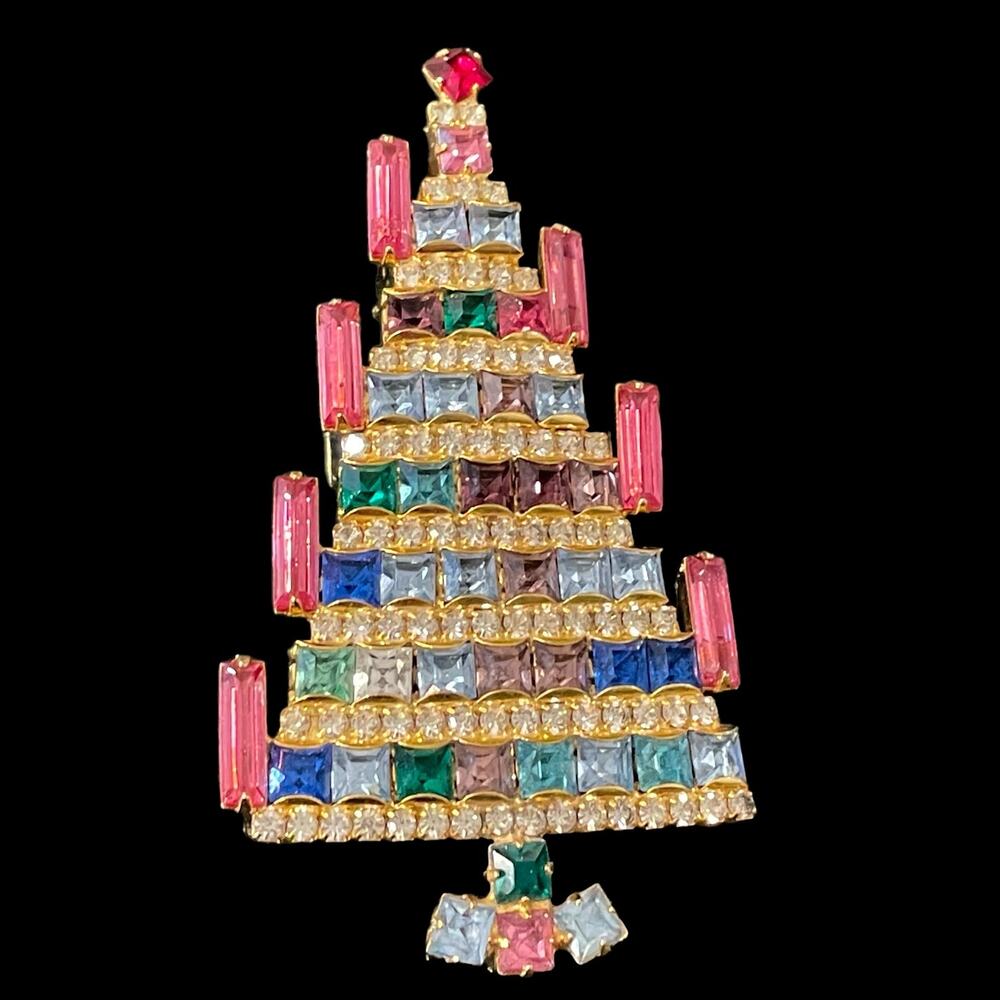 Vintage Dominique Candle Christmas Tree Brooch Pin Signed Rhinestone Jewelry